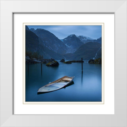 Twilight On The Lake At The Glacier Folgefonna White Modern Wood Framed Art Print with Double Matting by Yuppidu