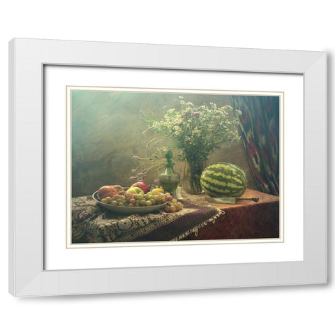 Still Life With Watermelon And Fruit White Modern Wood Framed Art Print with Double Matting by Ustinagreen
