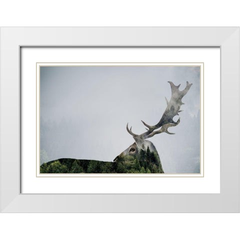 Antler Double-Exposed White Modern Wood Framed Art Print with Double Matting by Beata, Angyalosi