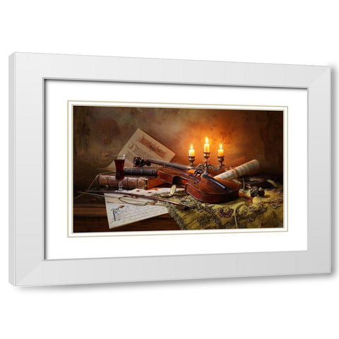 Still Life With Violin And Candles White Modern Wood Framed Art Print with Double Matting by Morozov, Andrey