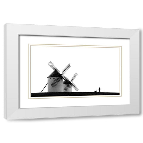The Man-The Dog And The Windmills White Modern Wood Framed Art Print with Double Matting by Antonio Pardo, J.