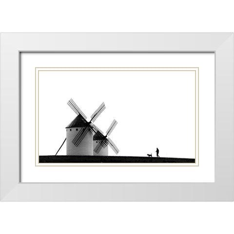 The Man-The Dog And The Windmills White Modern Wood Framed Art Print with Double Matting by Antonio Pardo, J.
