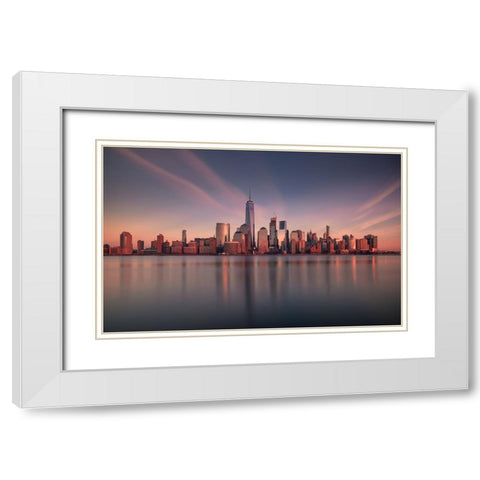 Lower Manhattan At Dusk White Modern Wood Framed Art Print with Double Matting by Dai, Wei