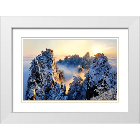Sunrise At Mt. Huang Shan White Modern Wood Framed Art Print with Double Matting by Wong, Adam