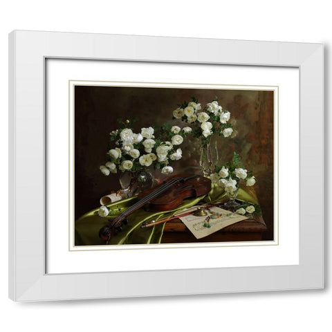 Still Life With Violin And Flowers White Modern Wood Framed Art Print with Double Matting by Morozov, Andrey