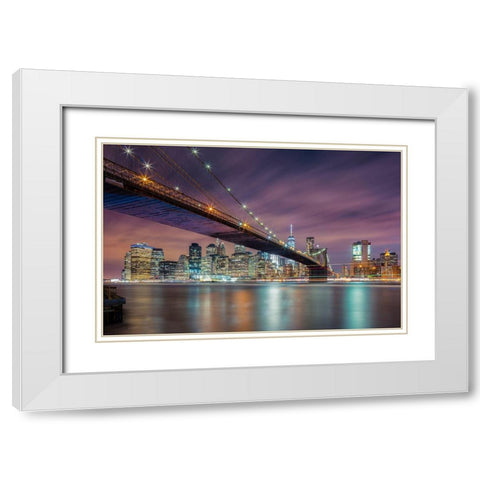 Brooklyn Bridge At Night White Modern Wood Framed Art Print with Double Matting by Zheng, Michael