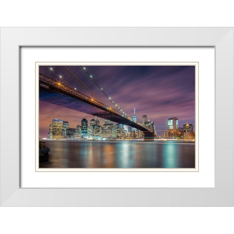 Brooklyn Bridge At Night White Modern Wood Framed Art Print with Double Matting by Zheng, Michael