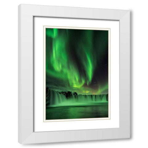 Northern Light On Godafoss White Modern Wood Framed Art Print with Double Matting by Zhu, Hua