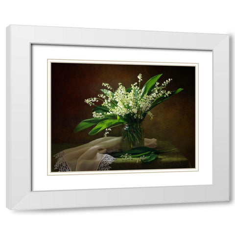 With A Bouquet Of Lilies Of The Valley White Modern Wood Framed Art Print with Double Matting by Skorokhod, Tatyana