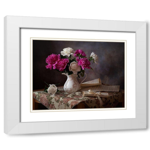 Still Life With Peonies White Modern Wood Framed Art Print with Double Matting by Lankina, Alina