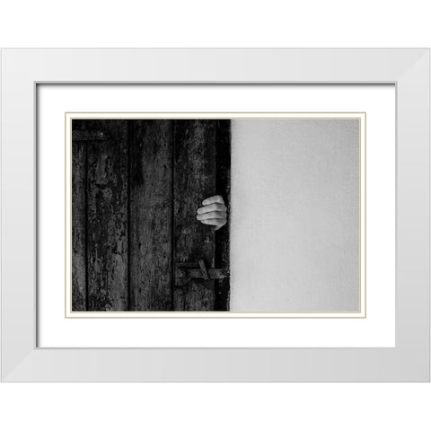 Hand On Door White Modern Wood Framed Art Print with Double Matting by Schuster, Inge