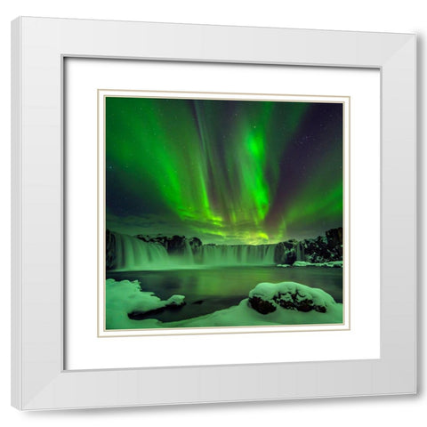 Northern Light Over Godafoss White Modern Wood Framed Art Print with Double Matting by Zhu, Hua