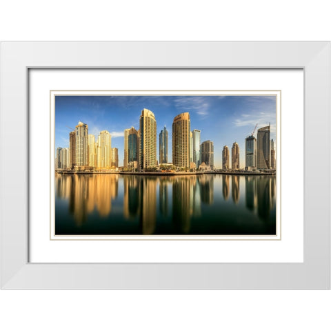 Panoramic Dubai Marina White Modern Wood Framed Art Print with Double Matting by Shamaa, Mohammed