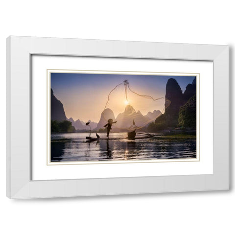 Fishing The Sun White Modern Wood Framed Art Print with Double Matting by M. Garcia, Jesus