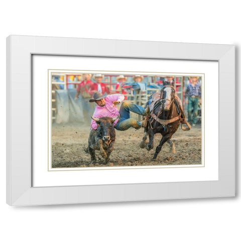 Steer Wrestling White Modern Wood Framed Art Print with Double Matting by Hua, David
