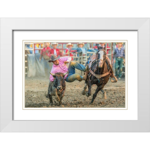 Steer Wrestling White Modern Wood Framed Art Print with Double Matting by Hua, David