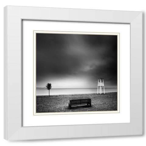 Bench On The Beach White Modern Wood Framed Art Print with Double Matting by Digalakis, George