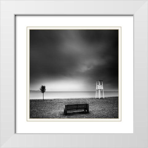 Bench On The Beach White Modern Wood Framed Art Print with Double Matting by Digalakis, George