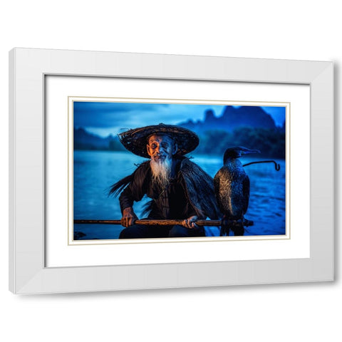 Cormorant Fisherman White Modern Wood Framed Art Print with Double Matting by Whanset, Chanwit