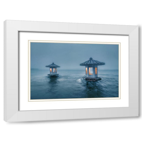 Chuiguang Pavilion White Modern Wood Framed Art Print with Double Matting by Liwulei