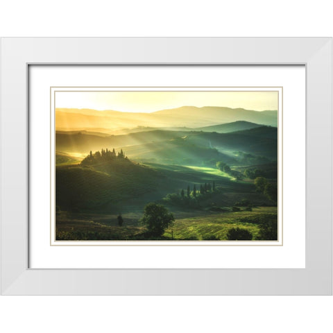 Tuscany - Val Dorcia Sunrise White Modern Wood Framed Art Print with Double Matting by Claude Castor, Jean