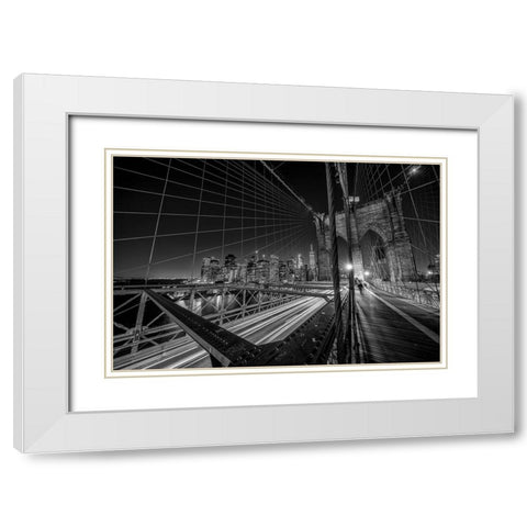 Brooklyn Bridge Lights White Modern Wood Framed Art Print with Double Matting by Schilbe, Stefan
