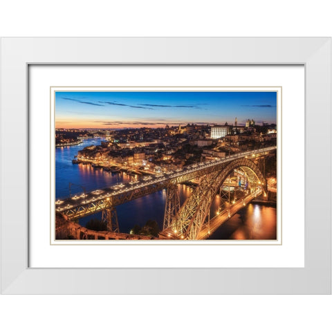 Portugal - Porto Blue Hour White Modern Wood Framed Art Print with Double Matting by Claude Castor, Jean
