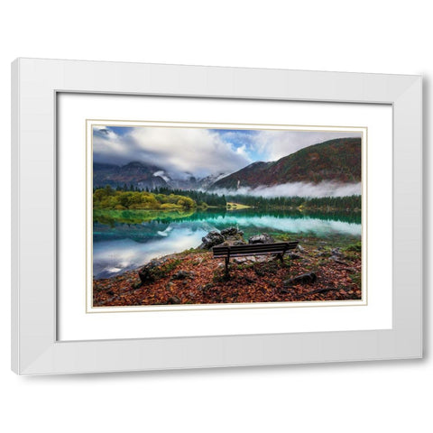 Bench By The Lake White Modern Wood Framed Art Print with Double Matting by Krivec, Ales