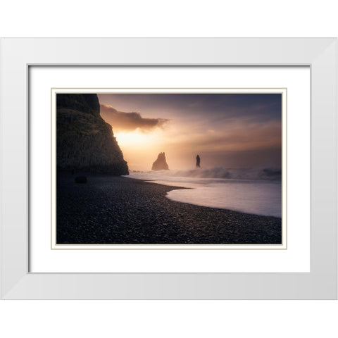 Reynisfjara Sunrise White Modern Wood Framed Art Print with Double Matting by Ruiz Dueso, Jorge