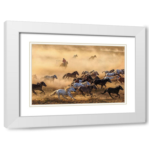 Horse Run White Modern Wood Framed Art Print with Double Matting by Wong, Adam