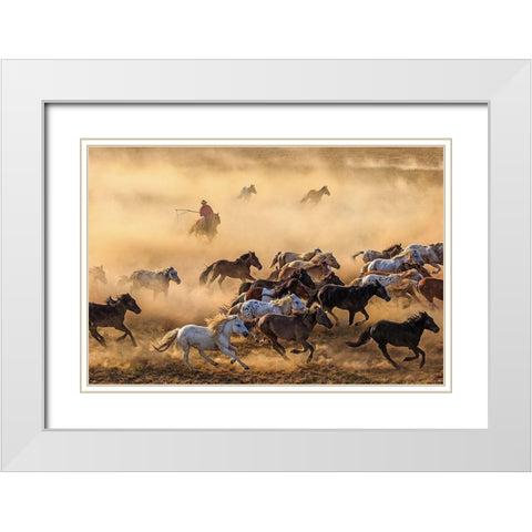 Horse Run White Modern Wood Framed Art Print with Double Matting by Wong, Adam