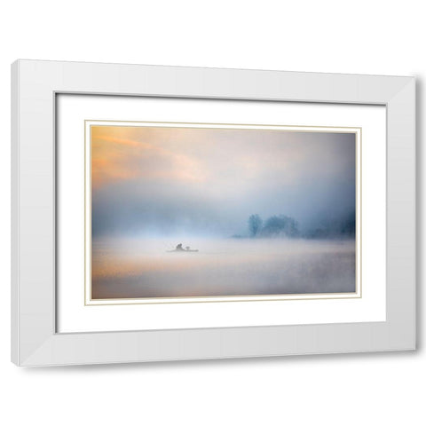 Foggy Lake White Modern Wood Framed Art Print with Double Matting by Cloud, Mountain