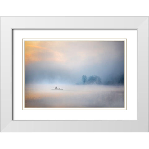 Foggy Lake White Modern Wood Framed Art Print with Double Matting by Cloud, Mountain