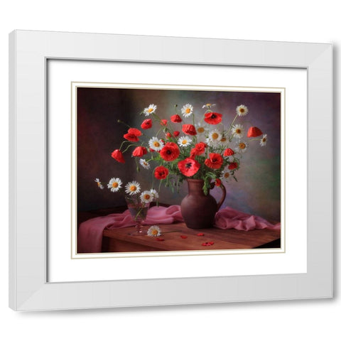 Still Life With A Bouquet Of Poppies And Chamomile White Modern Wood Framed Art Print with Double Matting by Skorokhod, Tatyana