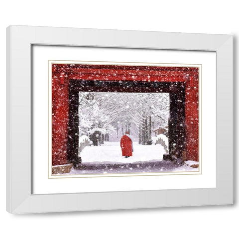 Monk In Snowy Day White Modern Wood Framed Art Print with Double Matting by Namkoong, Bongok