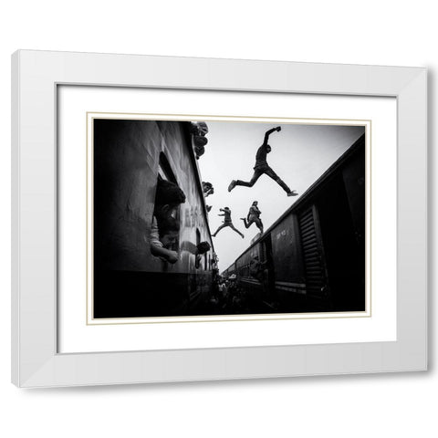 Train Jumpers White Modern Wood Framed Art Print with Double Matting by Rebro, Marcel