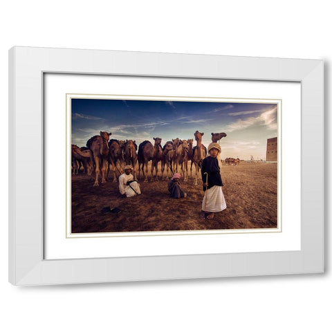 Boys With Camles White Modern Wood Framed Art Print with Double Matting by Nid