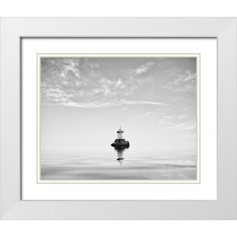 Lighthouse In Mist White Modern Wood Framed Art Print with Double Matting by Lindsten, Christian