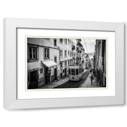 Tram In Lisbon White Modern Wood Framed Art Print with Double Matting by Urrutia, Adolfo