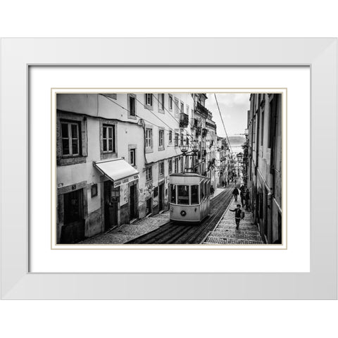Tram In Lisbon White Modern Wood Framed Art Print with Double Matting by Urrutia, Adolfo