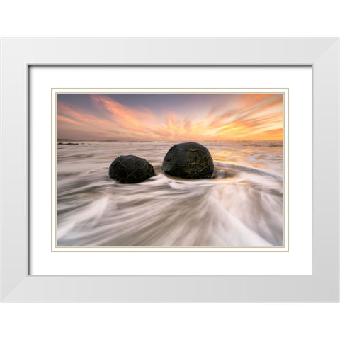 Moeraki Boulders White Modern Wood Framed Art Print with Double Matting by Zhu, Jingshu