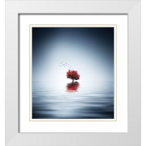 Autumn Trees Reflected Blue Lake White Modern Wood Framed Art Print with Double Matting by Hamiti, Bess