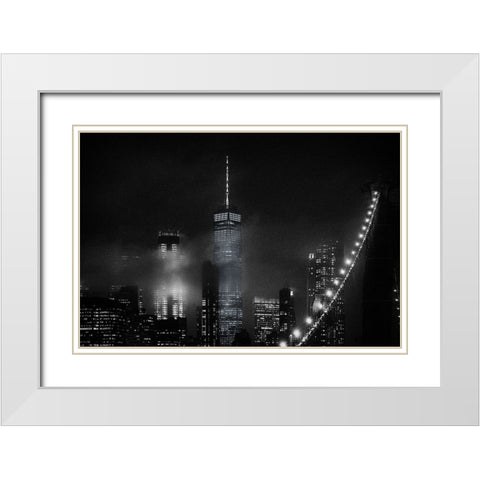Night Cityscape From The Brooklyn Bridge White Modern Wood Framed Art Print with Double Matting by Ramirez, Carlos