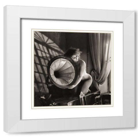 Girl With A Gramophone White Modern Wood Framed Art Print with Double Matting by Kapsha, Eduards