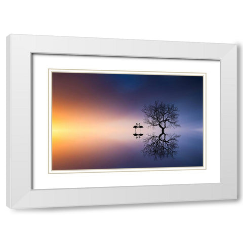Flamingos In A Lake With A Tree White Modern Wood Framed Art Print with Double Matting by Hamiti, Bess