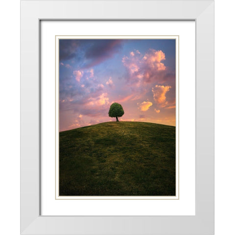 Tree On Hill During Sunset White Modern Wood Framed Art Print with Double Matting by Lindsten, Christian