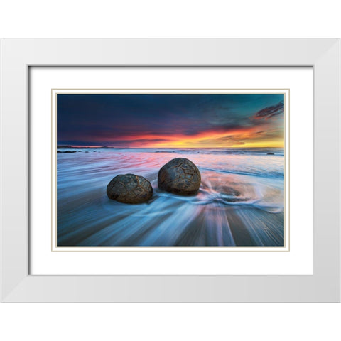 Moeraki Boulders White Modern Wood Framed Art Print with Double Matting by Zhang, Yan