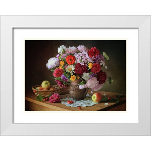 Still Life With A Bouquet Of Flowers And Apples White Modern Wood Framed Art Print with Double Matting by Skorokhod, Tatyana