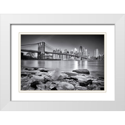 New York - Brooklyn Bridge White Modern Wood Framed Art Print with Double Matting by Froyda, Martin