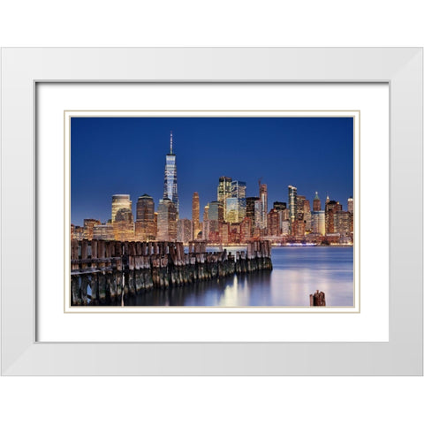 Manhattan Skyline At Night White Modern Wood Framed Art Print with Double Matting by Froyda, Martin